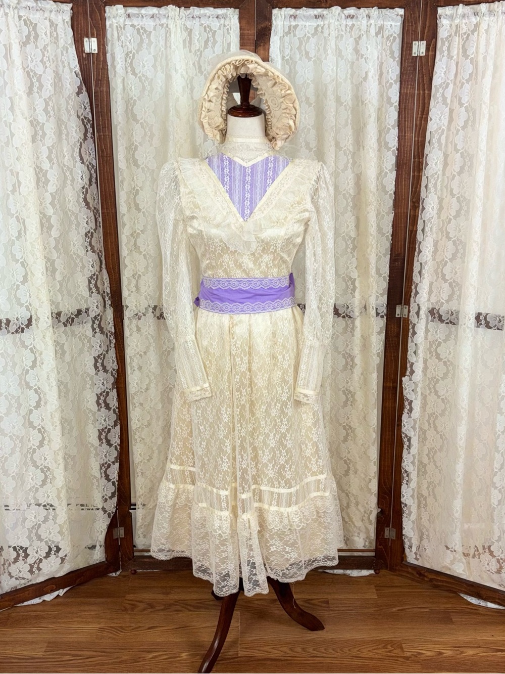 Fabulous Vintage 1970s Prairie Style Tea Length Wedding Dress & Bonnet